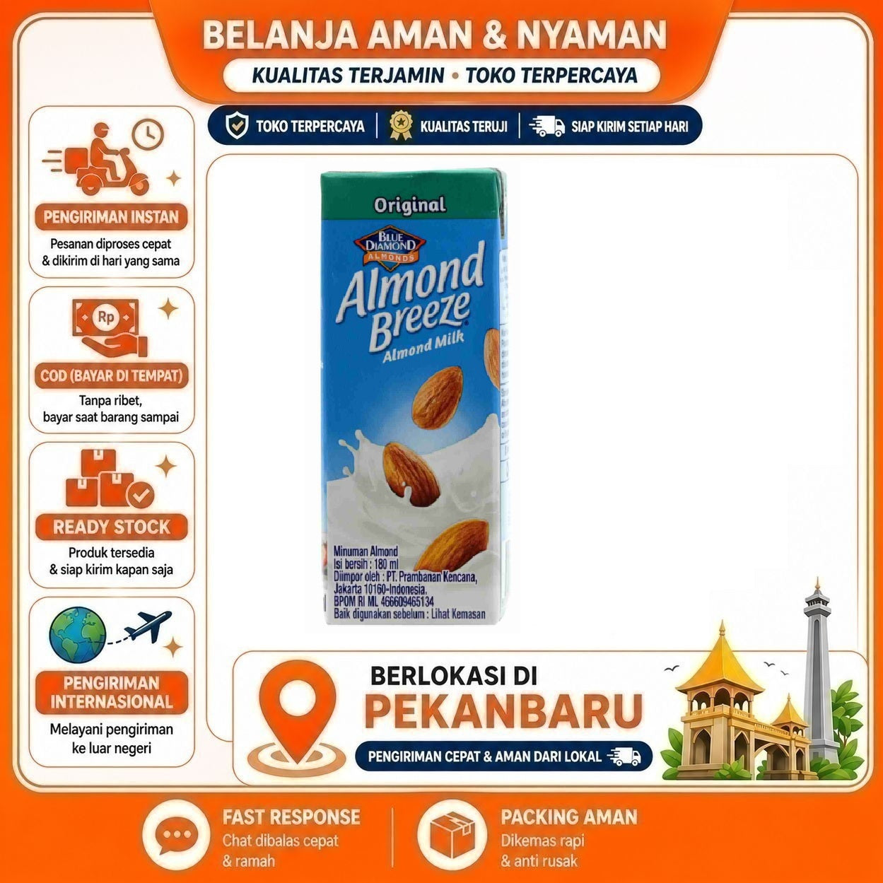 Pekanbaru 180ml Almond Breeze Milk Original Flavor Blue Diamond Minuman Susu Non-Dairy Halal