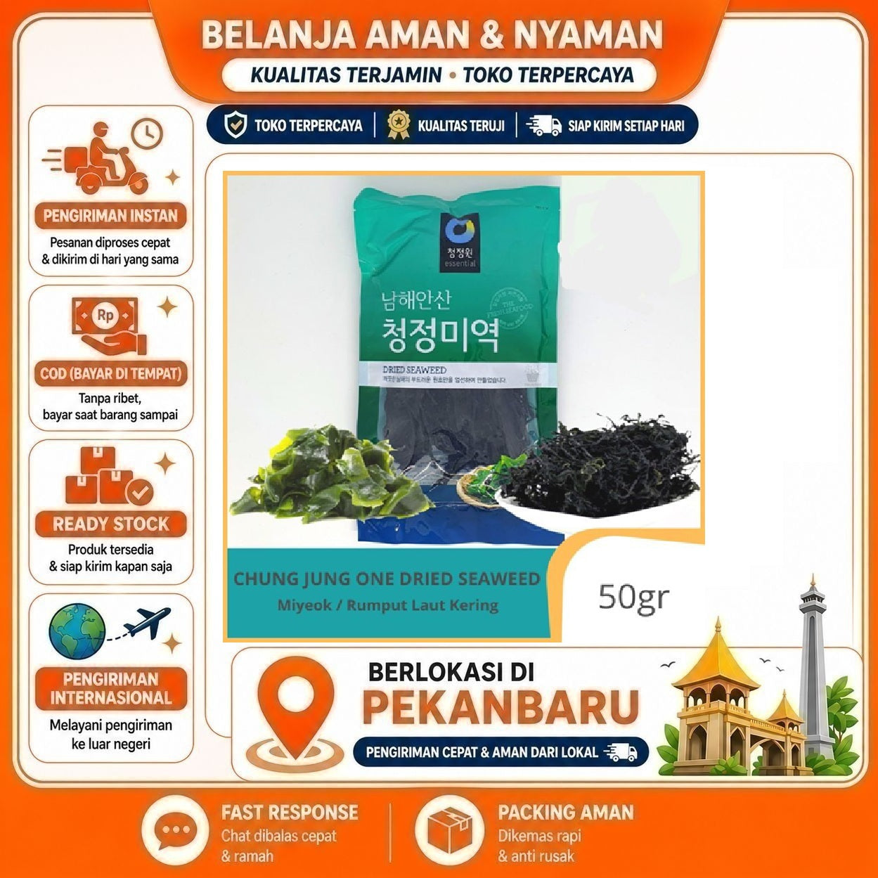 Pekanbaru 50 gr Rumput Laut Kering Chung Jung One Dried Seaweed Siap Masak, Rasa Otentik Halal