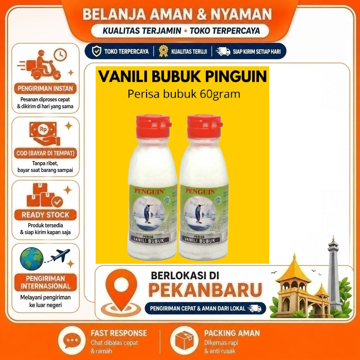 Pekanbaru 60 Gram Penguin Vanili Bubuk Vanila Vanilla Powder Bahan Kue Baking Mix Perisa Halal