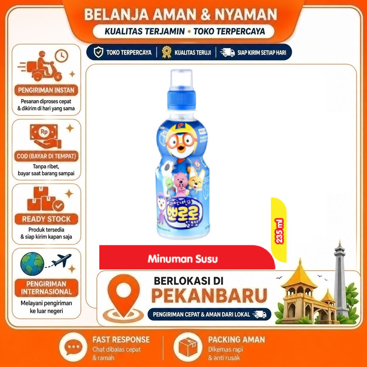 Pekanbaru 235 ml Pororo Milky Flavour Minuman Milk Rasa Susu Cair Minuman Anak Kemasan Praktis