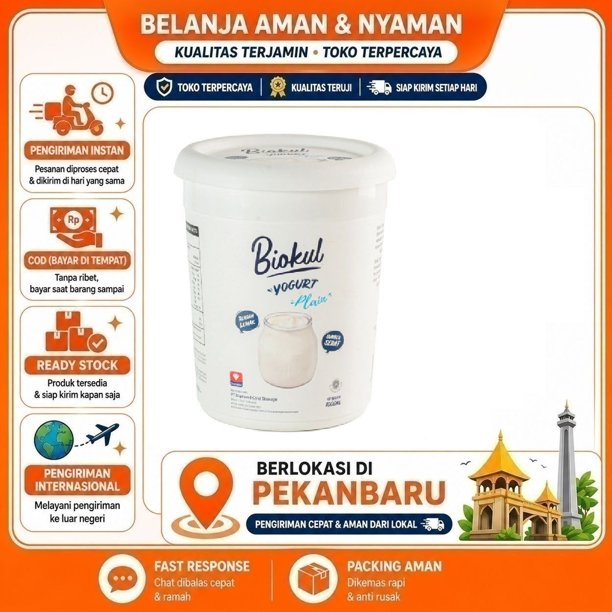 Pekanbaru 1 kg Biokul Yogurt Plain Stirred Probiotik Camilan Sehat Yoghurt Tawar Makanan 1L