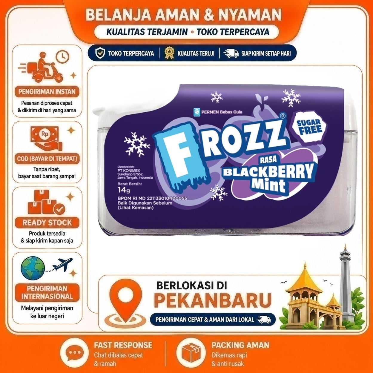 Pekanbaru Frozz Rasa Blackberry Mint Sugar Free Permen Bebas Gula 14 gr Candy Fresh Cool Halal