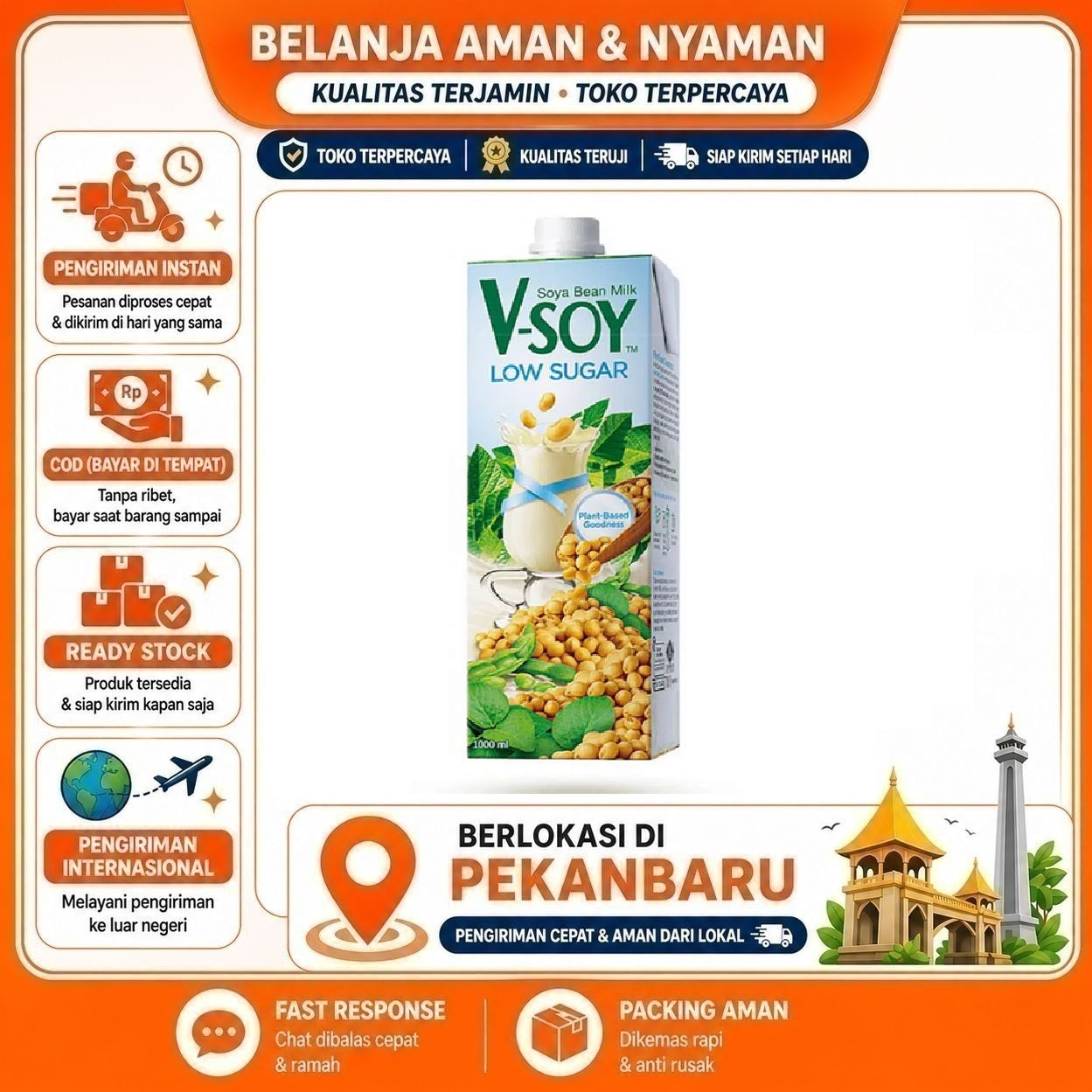 Pekanbaru 1 Liter V-soy Low Sugar Soya Bean Milk Susu Non-Dairy Minuman Nabati Protein Tinggi