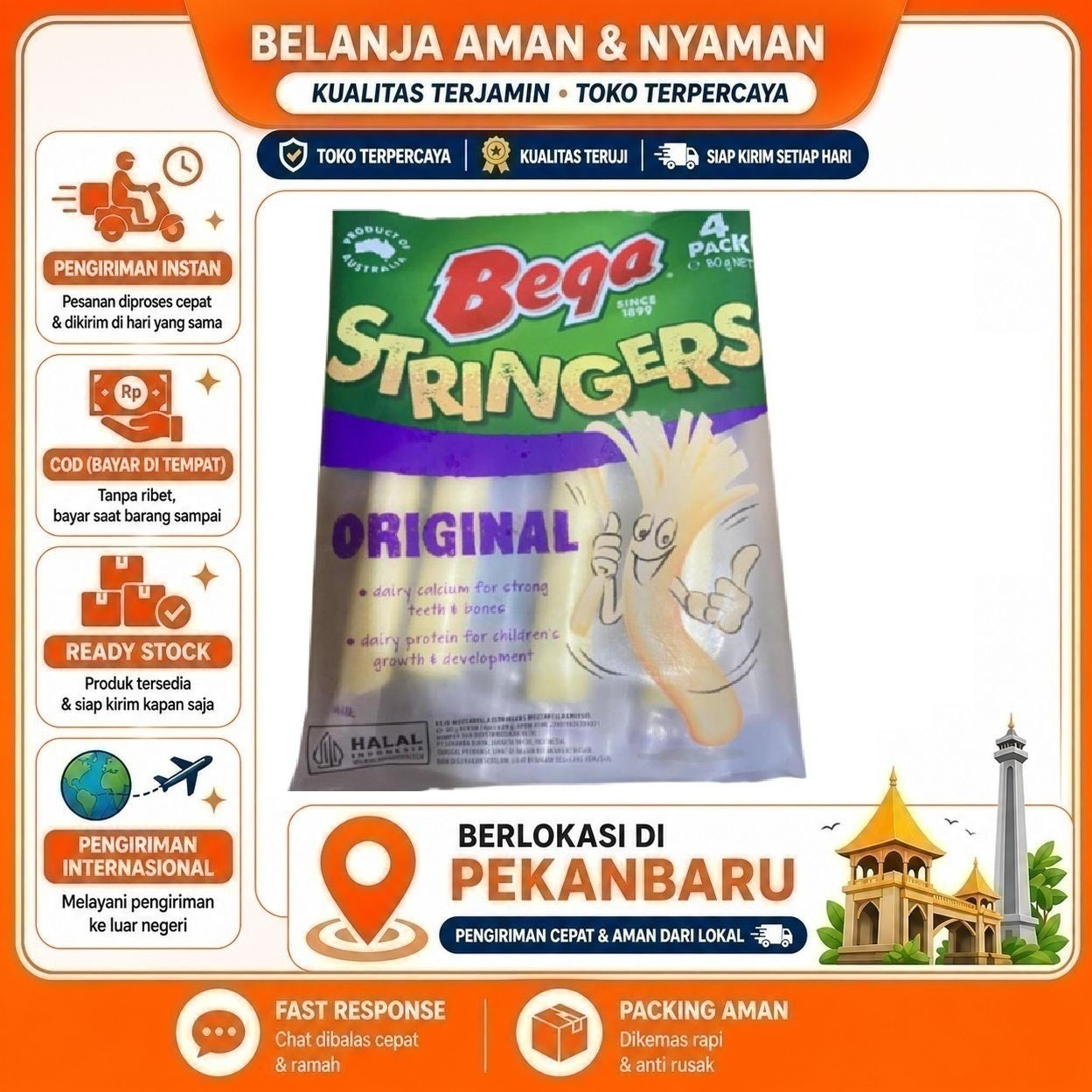 Pekanbaru 4 Pcs Cheese Stick Bega Stringers Original Flavor Stik Keju Camilan Makanan Bergizi