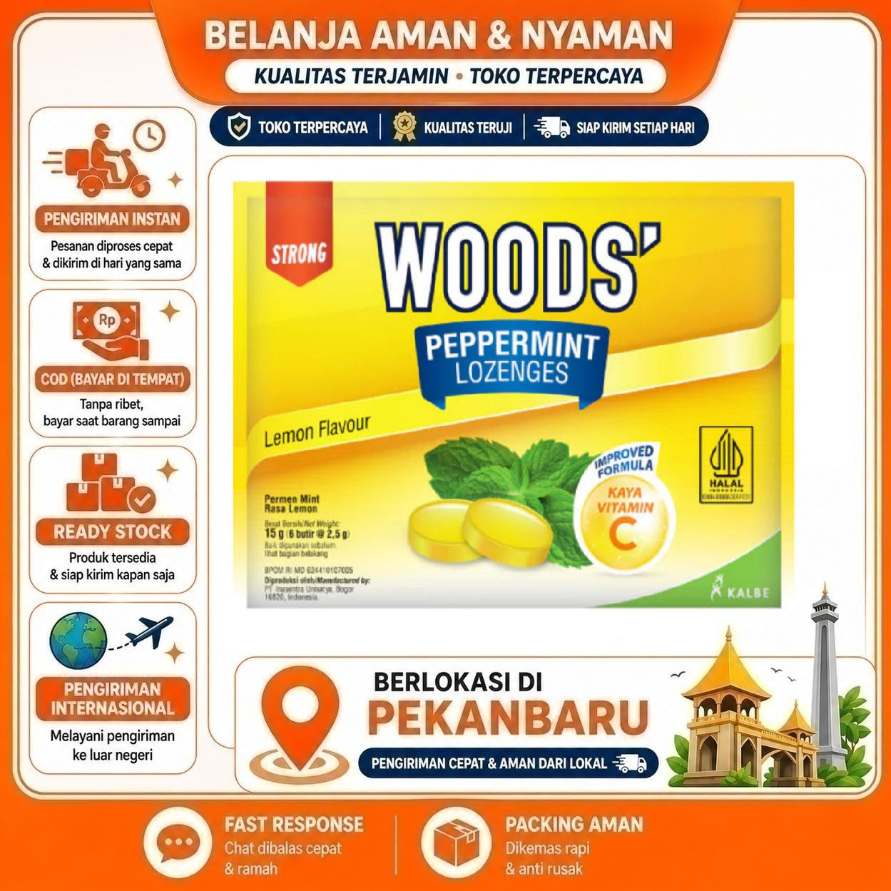 Pekanbaru Wood's Peppermint Lozenges Lemon Flavour Strong Permen Rasa Buah Lemon Segar Halal