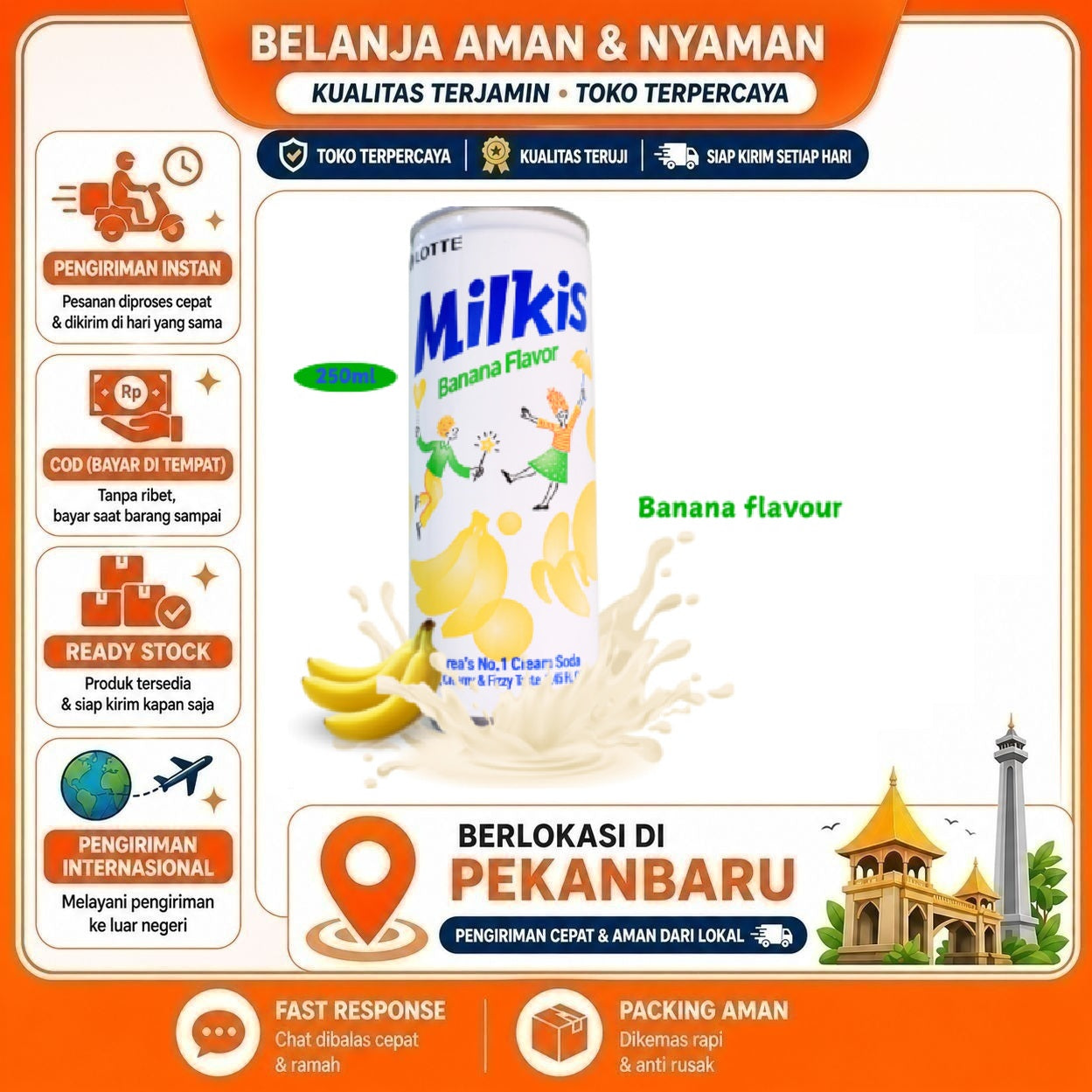 Pekanbaru 250ml Lotte Milkis Banana Flavor Carbonated Drink Minuman Bersoda Rasa Pisang Susu
