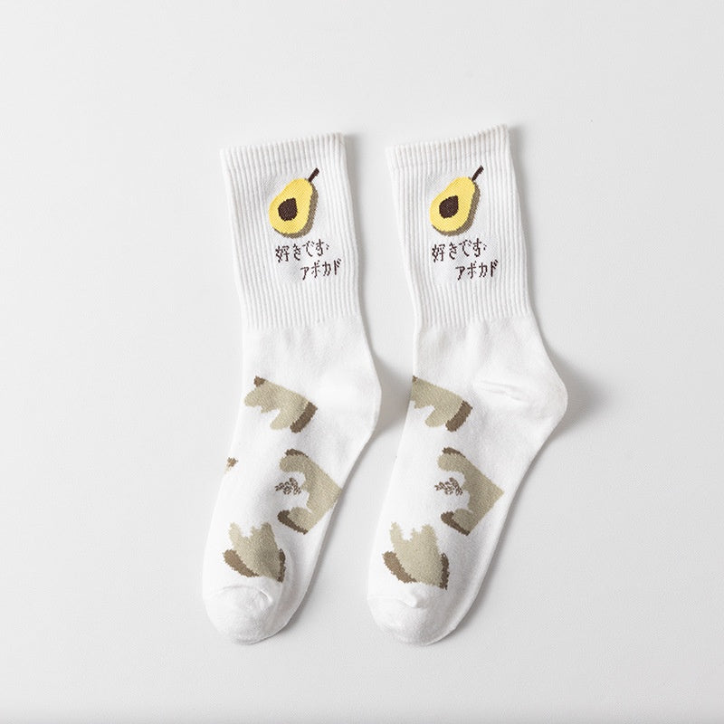 Pekanbaru Kaos Kaki Panjang Motif Avocado Women Socks Import Kaos Kaki Berkualitas Hijau Putih Buah Korean Style