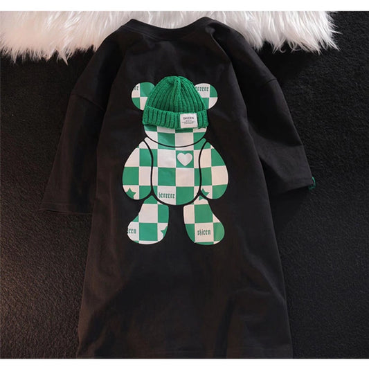 Pekanbaru Kaos Oversize Bearbrlck Topi Rajut Asli Tshirt Square Motif Catur Two Tone Skicen Bearear T-shirt Unik Lucu Berkualitas With A Real Knit Beanie Hat Street Style Love Bear Beruang Lucu Korean Style