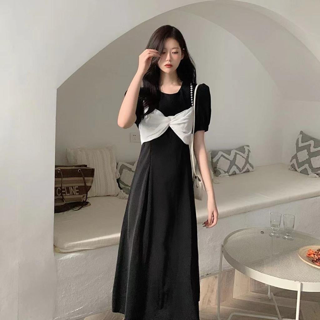 Pekanbaru Dress Pita Putih Biru Langit Hitam Long Dress With Pearl And Ribbon Simple Elegan Gaun Wanita Panjang Lengan Pendek Berkualitas Korean Style