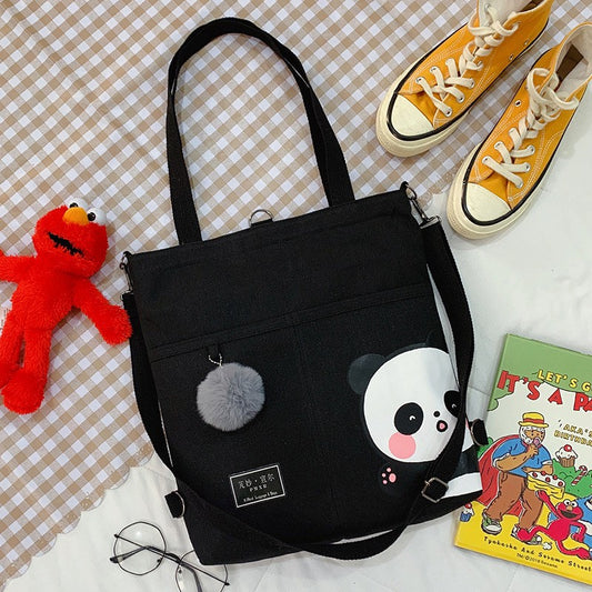 Pekanbaru Tote Bag Panda Imut Lucu Unisex Tas Totebag Resleting Multifungsi Berkualitas Tas Tote Kuliah Sekolah Motif Panda Pom-Pom Lucu Korean Style