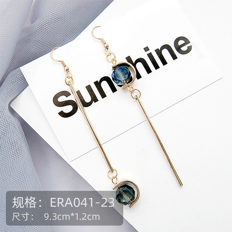 Pekanbaru Anting Wanita Korea Biru Emas Permata Anting Panjang Elegan Simple Beda Kiri Kanan Anting Berkualitas Korean Style