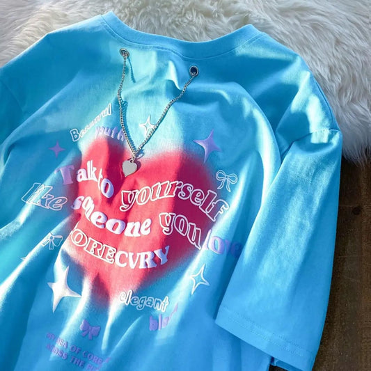 Pekanbaru Kaos Oversize Love Chain Talk To Yourself Like Someone You Love T-shirt Couple Unik With Additional Chain Kaos Timbul Berkualitas Aesthetic Tshirt Elegant Bloom Love Beautiful Street Style Korean Style