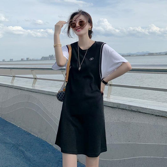 Pekanbaru Dress Fake Two Shirt Rompi Hitam Putih Polos T-shirt Oversize Panjang Simple Berkualitas Korean Style