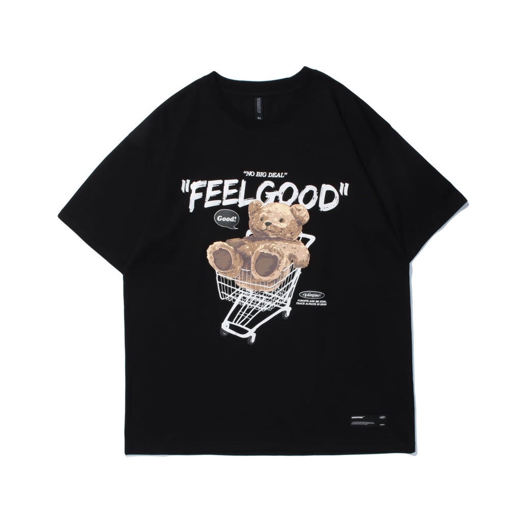 Pekanbaru Kaos Oversize Teddy Bear Trolley Kaos Couple T-Shirt Hitam Cream Kaos Feel Good Korean Style