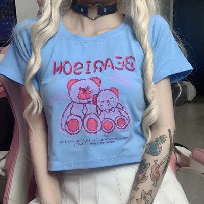 Pekanbaru Kaos Crop Wanita Beruang Bearison Crop Top Lucu Biru Pink Korean Style