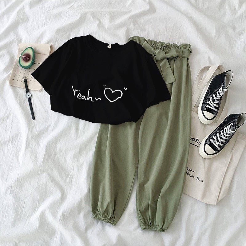 Pekanbaru Setelan Wanita Daily Set One Set Oversize Hijau Hati Love Selebgram Korean Style Baju 1 Set Kaos Celana Karet Lembut Berkualitas