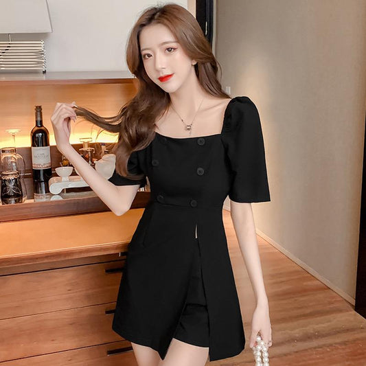 Pekanbaru Setelan Atasan Square Neck Celana Pendek Hitam Abu-Abu Simple Elegan Simply Fashion Dress Berkualitas Sabrina Set Korean Style