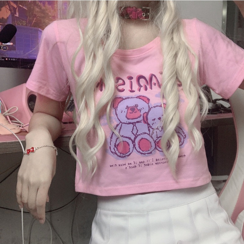 Pekanbaru Kaos Crop Wanita Beruang Bearison Crop Top Lucu Biru Pink Korean Style