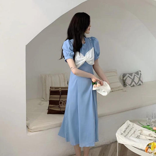 Pekanbaru Dress Pita Putih Biru Langit Hitam Long Dress With Pearl And Ribbon Simple Elegan Gaun Wanita Panjang Lengan Pendek Berkualitas Korean Style