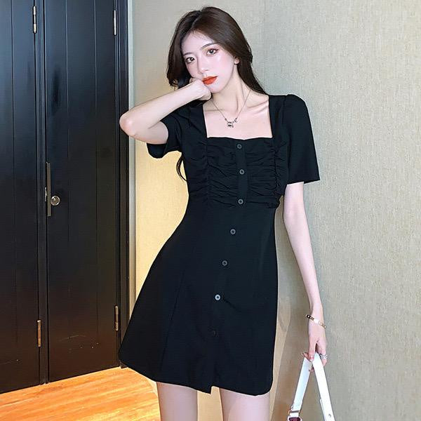 Pekanbaru Dress Full Kancing Karet Square Neck Polos Pendek Simple Elegan Short Dress Korean Style Model Simply Nyaman Lembut Berkualitas