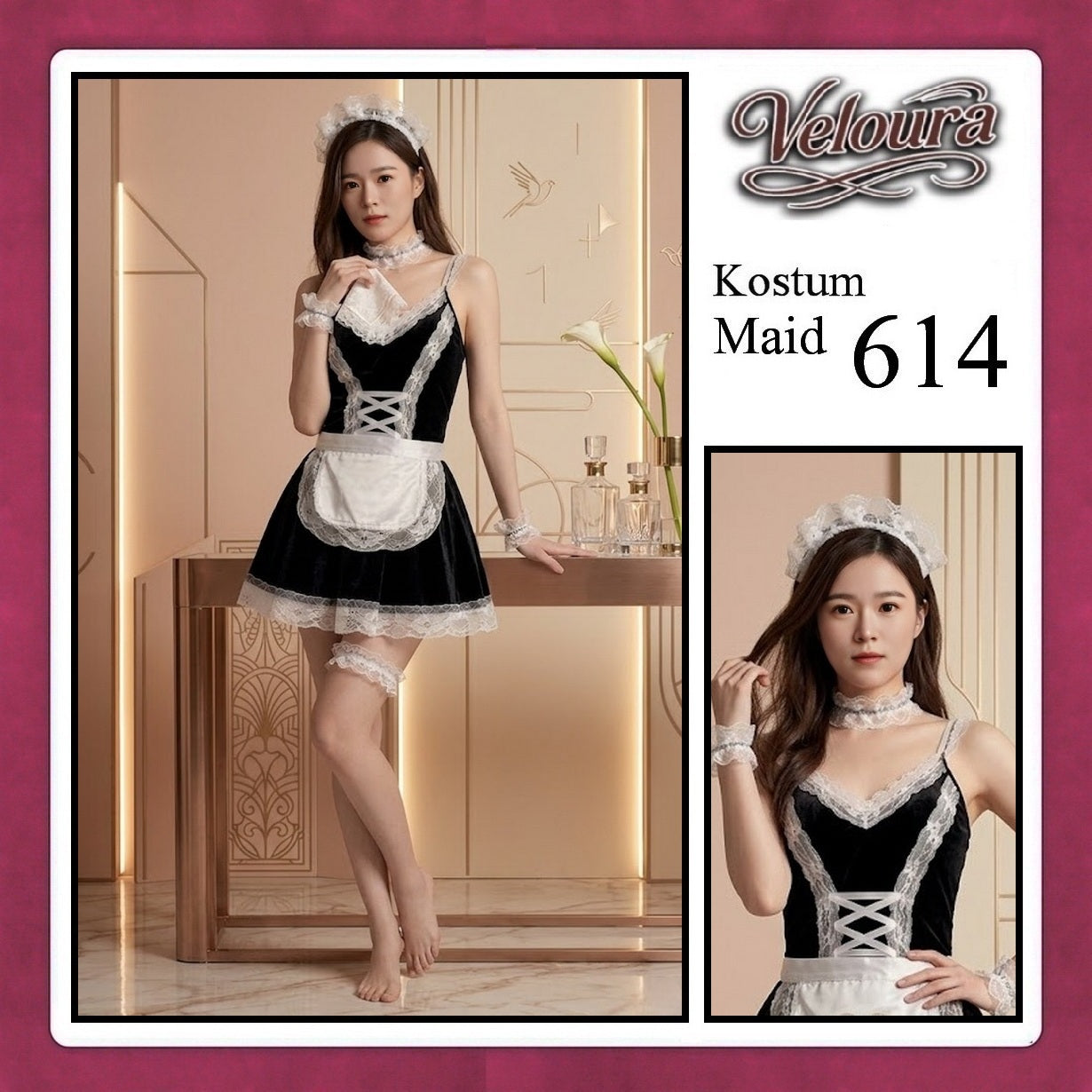 Pekalongan Veloura Maid Cosplay Set - Lingerie Kostum Pelayan Seksi Sheer Lace Apron Dress 613