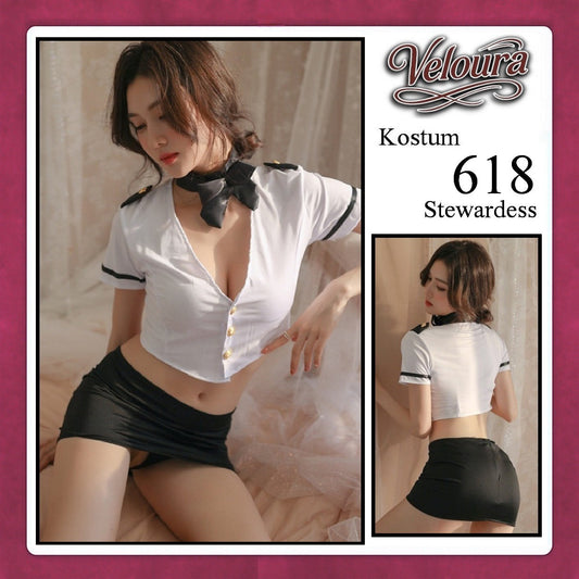 Pekalongan Veloura Stewardess Cosplay Set - Lingerie Kostum Pramugari Seksi Monochrome Crop Shirt Mini Skirt 618