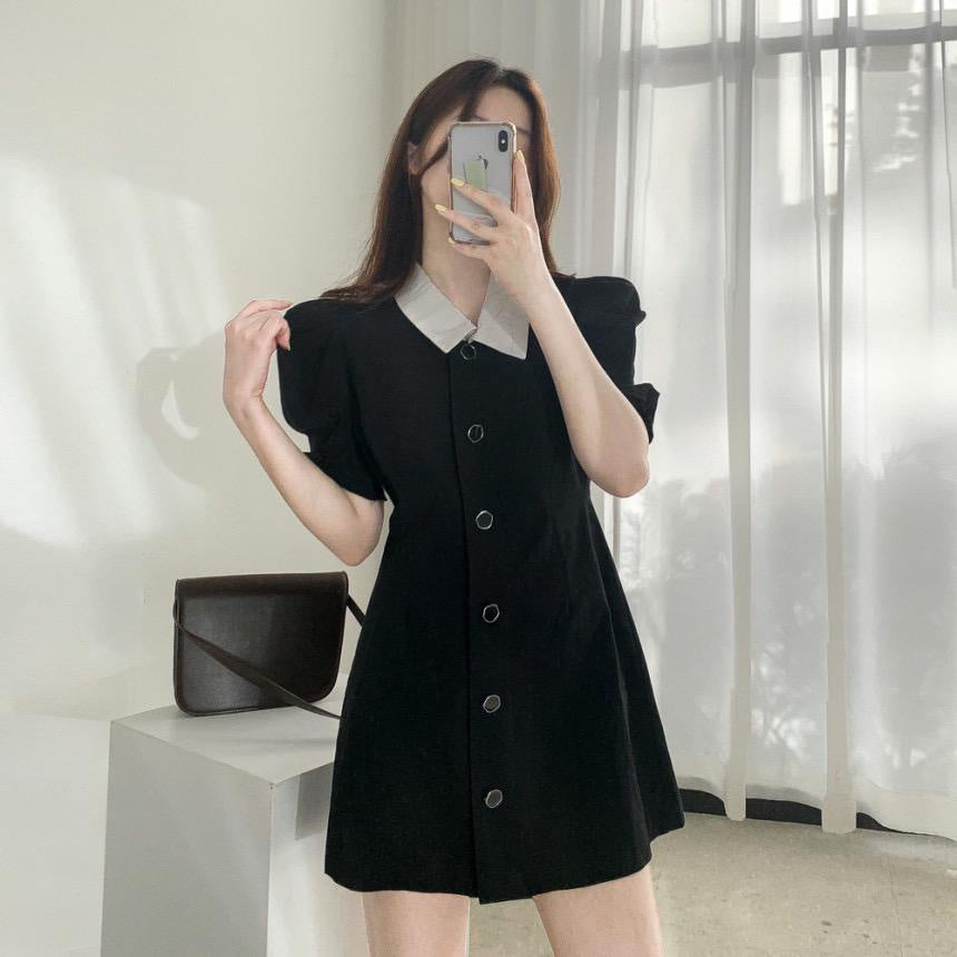 Pekanbaru Dress Full Kancing Simple Elegan Dress Kerah Putih Dress Polos Berkualitas Korean Style Short Dress Model Simply Dress Lengan Pendek Nyaman Dress Berkerah Lembut Berkualitas