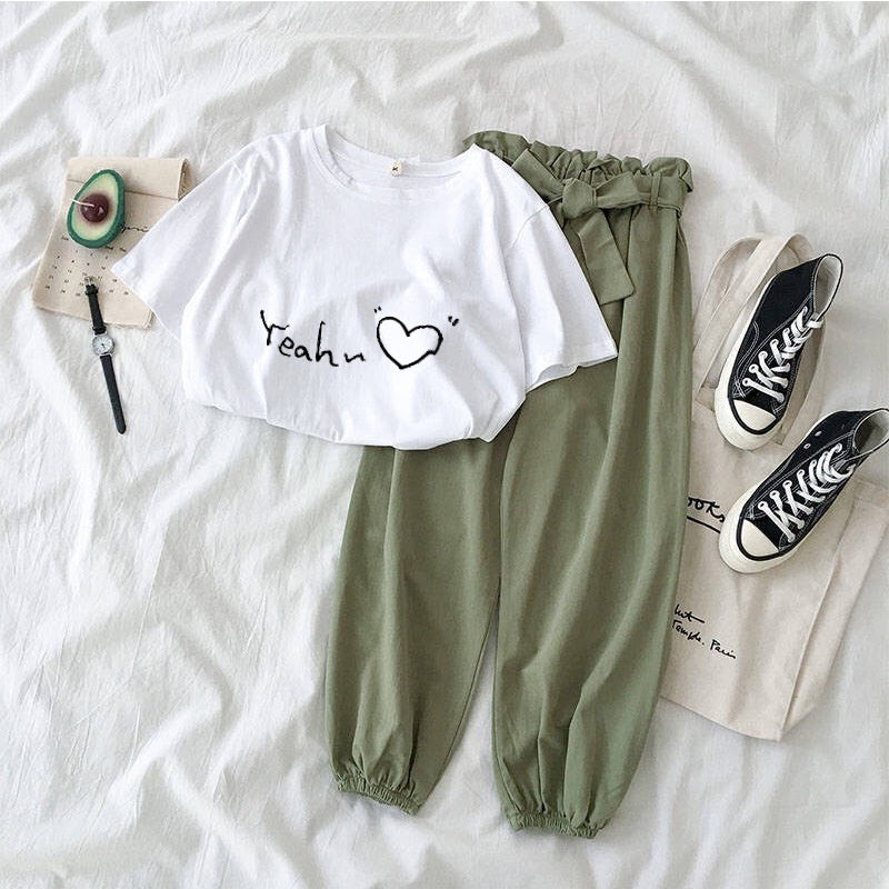 Pekanbaru Setelan Wanita Daily Set One Set Oversize Hijau Hati Love Selebgram Korean Style Baju 1 Set Kaos Celana Karet Lembut Berkualitas