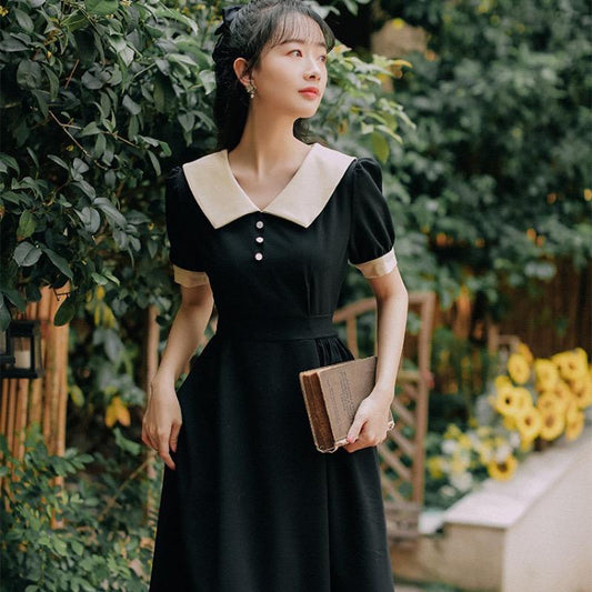 Pekanbaru Dress Collar With Pearl Gaun Wanita Panjang Lengan Pendek Two Tone Color Maroon Hitam Simple Berkualitas Dress Berkerah Kasual Simply Korean Style