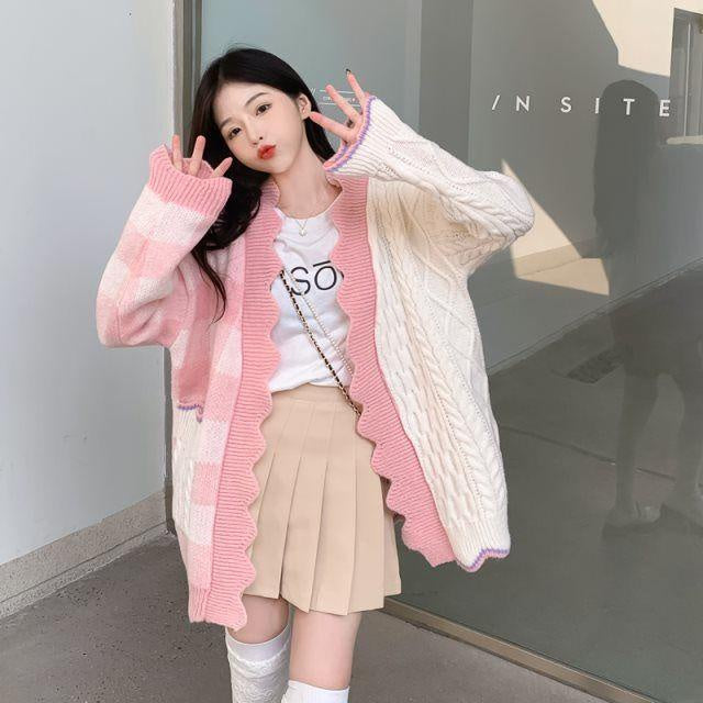 Pekanbaru Cardigan Oversize Biru Putih Knit Two Tone Korea Outer Rajut Gingham Import Berkualitas Korean Style