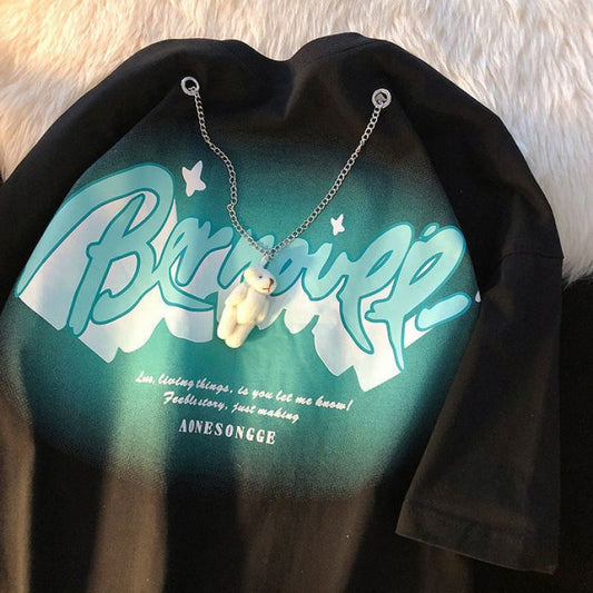 Pekanbaru Kaos Oversize Bernovee With White Bear Chain Tshirt Love Living Things T-shirt Swag Green Black White Pink Kaos Couple Unik Berkualitas Unisex Aesthetic Ombre Korean Style Street Style