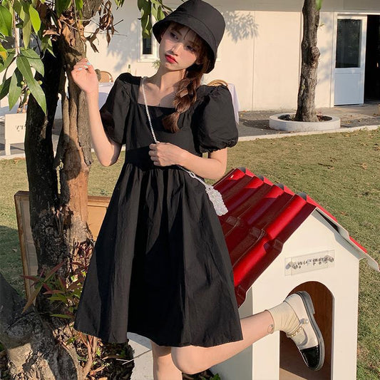 Pekanbaru Dress Square Neck Lengan Balon Simple Polos Orange Hitam Dress Bahan Berkualitas Lembut Elegan Dress Pendek Korean Style Simply Aesthetic