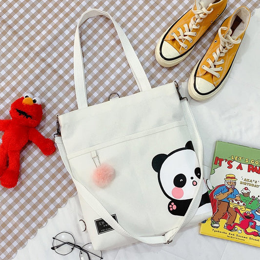 Pekanbaru Tote Bag Panda Imut Lucu Unisex Tas Totebag Resleting Multifungsi Berkualitas Tas Tote Kuliah Sekolah Motif Panda Pom-Pom Lucu Korean Style