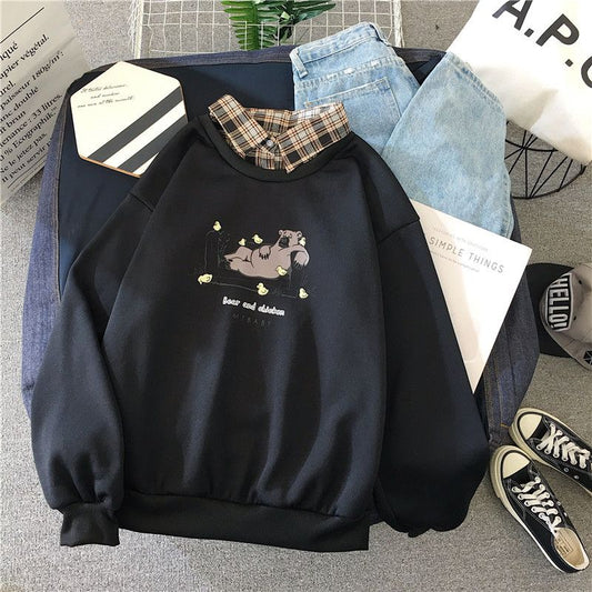 Pekanbaru Sweater Lengan Panjang Berkerah Fake Collar Shirt Motif Bear and Chicken Kaos Lengan Panjang Beruang Ayam Lucu Berkualitas Kaos Polo Lengan Panjang Sweater Berkerah Atasan Kuliah Kerja Korean Style