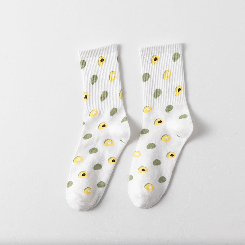 Pekanbaru Kaos Kaki Panjang Motif Avocado Women Socks Import Kaos Kaki Berkualitas Hijau Putih Buah Korean Style