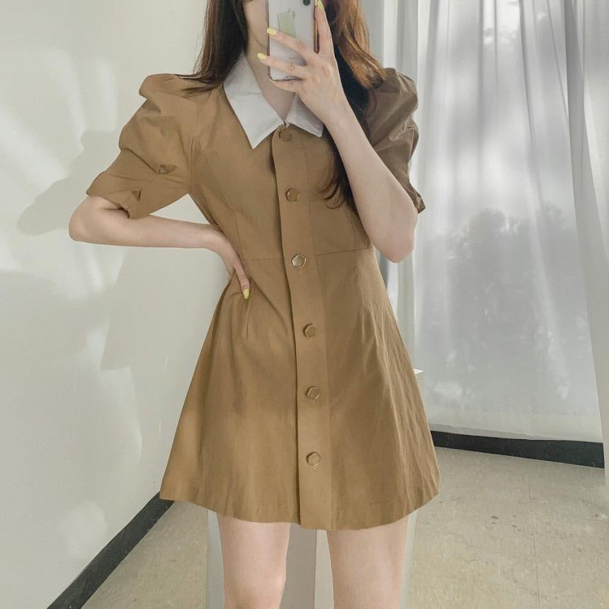 Pekanbaru Dress Full Kancing Simple Elegan Dress Kerah Putih Dress Polos Berkualitas Korean Style Short Dress Model Simply Dress Lengan Pendek Nyaman Dress Berkerah Lembut Berkualitas
