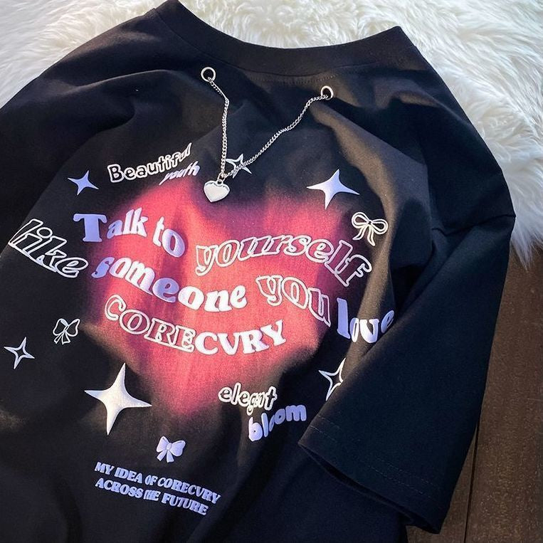 Pekanbaru Kaos Oversize Love Chain Talk To Yourself Like Someone You Love T-shirt Couple Unik With Additional Chain Kaos Timbul Berkualitas Aesthetic Tshirt Elegant Bloom Love Beautiful Street Style Korean Style