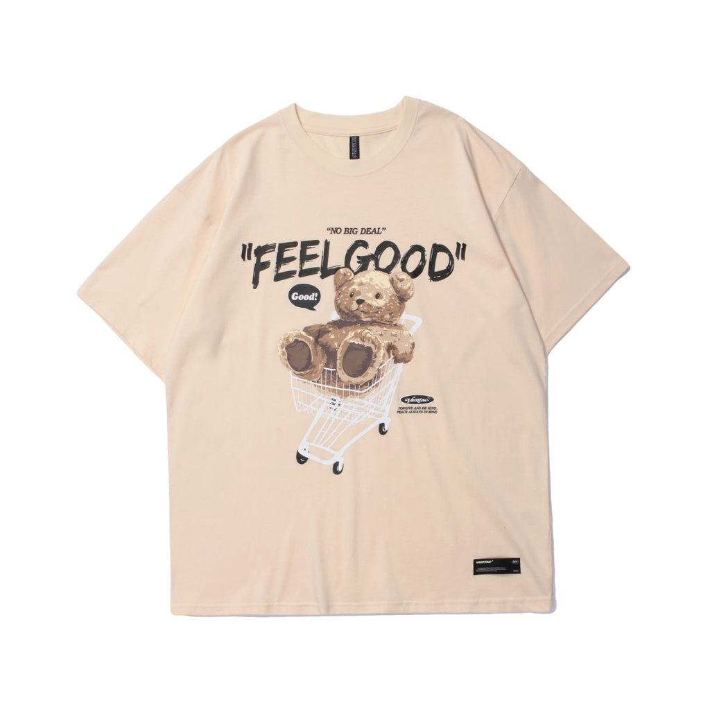 Pekanbaru Kaos Oversize Teddy Bear Trolley Kaos Couple T-Shirt Hitam Cream Kaos Feel Good Korean Style