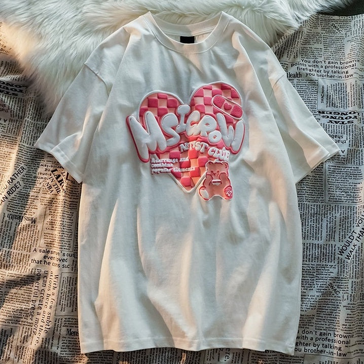 Pekanbaru Kaos Oversize Msicrow Love Artist Club T-shirt Unik Berkualitas Bear Beruang Love Square Rearrange and Combine Popular Elements Korean Style