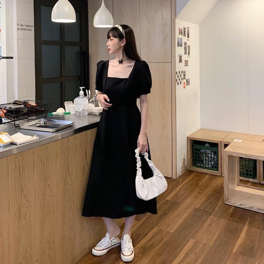 Pekanbaru Dress Square Neck Panjang Hitam Polos Leher Persegi Gaun Midi Kasual Simply Black Elegan Lengan Balon Pendek Berkualitas Korean Style