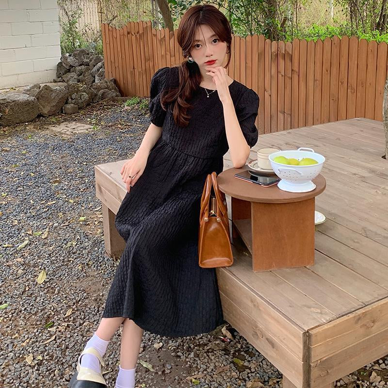 Pekanbaru Dress Bubble Panjang Tali Punggung Motif Polos Hitam Putih Lilac Simple Elegan Dress Doff Panjang Lengan Pendek Kasual Berkualitas Simply Korean Style