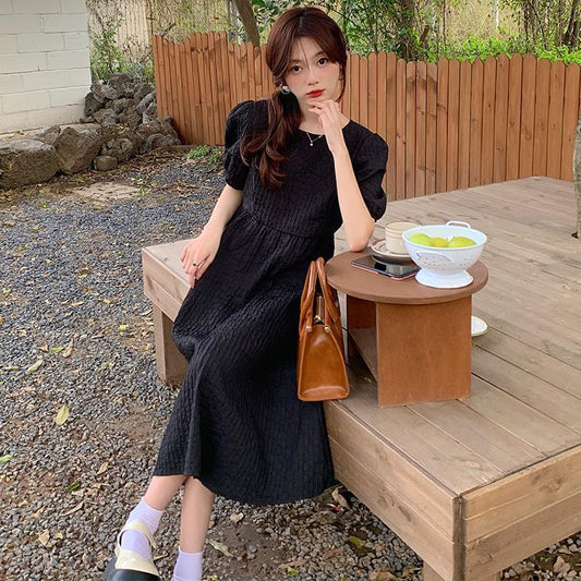 Pekanbaru Dress Bubble Panjang Tali Punggung Motif Polos Hitam Putih Lilac Simple Elegan Dress Doff Panjang Lengan Pendek Kasual Berkualitas Simply Korean Style