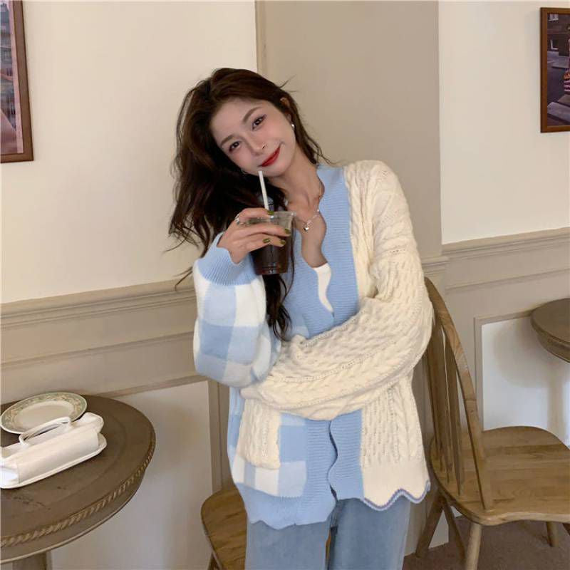Pekanbaru Cardigan Oversize Biru Putih Knit Two Tone Korea Outer Rajut Gingham Import Berkualitas Korean Style