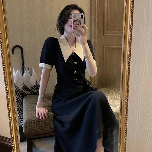 Pekanbaru Dress Panjang Lengan Pendek Berkerah Kancing Kayu X Biru Dongker Hitam Two Tone Long Dress Kerja Acara Simple Elegan Berkualitas Simply Korean Style