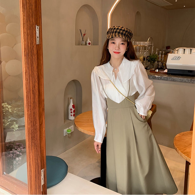 Pekanbaru Dress Wanita Hijau Putih Set 2 Pcs Dress Simple Elegan Dress Kerja Lengan Panjang Classic Simple Two Tone Dress Berkualitas High Quality Korean Style