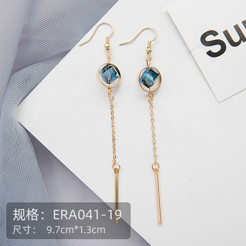 Pekanbaru Anting Wanita Korea Biru Emas Permata Anting Panjang Elegan Simple Beda Kiri Kanan Anting Berkualitas Korean Style