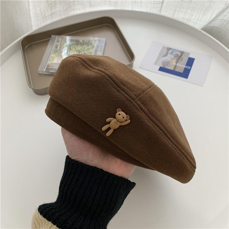 Pekanbaru Topi Baret Korea Seniman Painter Motif Teddy Bear Simple Cute Aesthetic Cap Topi High Quality Bahan Lembut Retro Korean Style