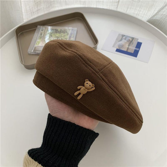 Pekanbaru Topi Baret Korea Seniman Painter Motif Teddy Bear Simple Cute Aesthetic Cap Topi High Quality Bahan Lembut Retro Korean Style