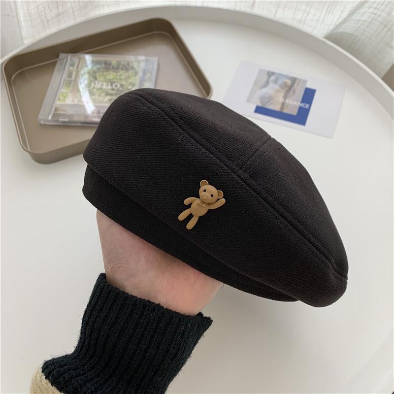 Pekanbaru Topi Baret Korea Seniman Painter Motif Teddy Bear Simple Cute Aesthetic Cap Topi High Quality Bahan Lembut Retro Korean Style
