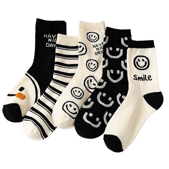 Pekanbaru Kaos Kaki Panjang Hitam Putih Smiley Emoticon Senyum Have A Nice Day Full Cotton Import Sock Stripe Smile Korean Style